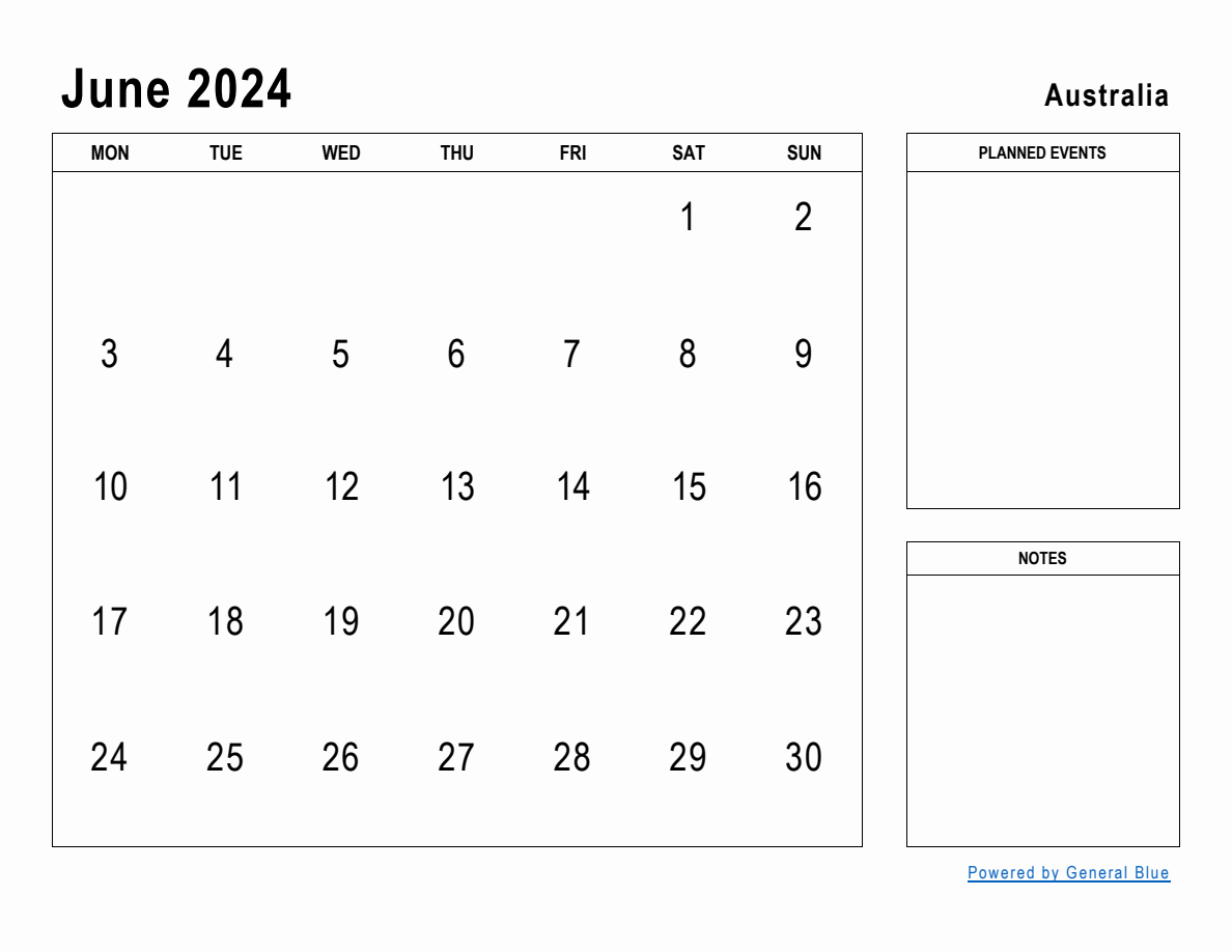 June 2024 Planner with Australia Holidays