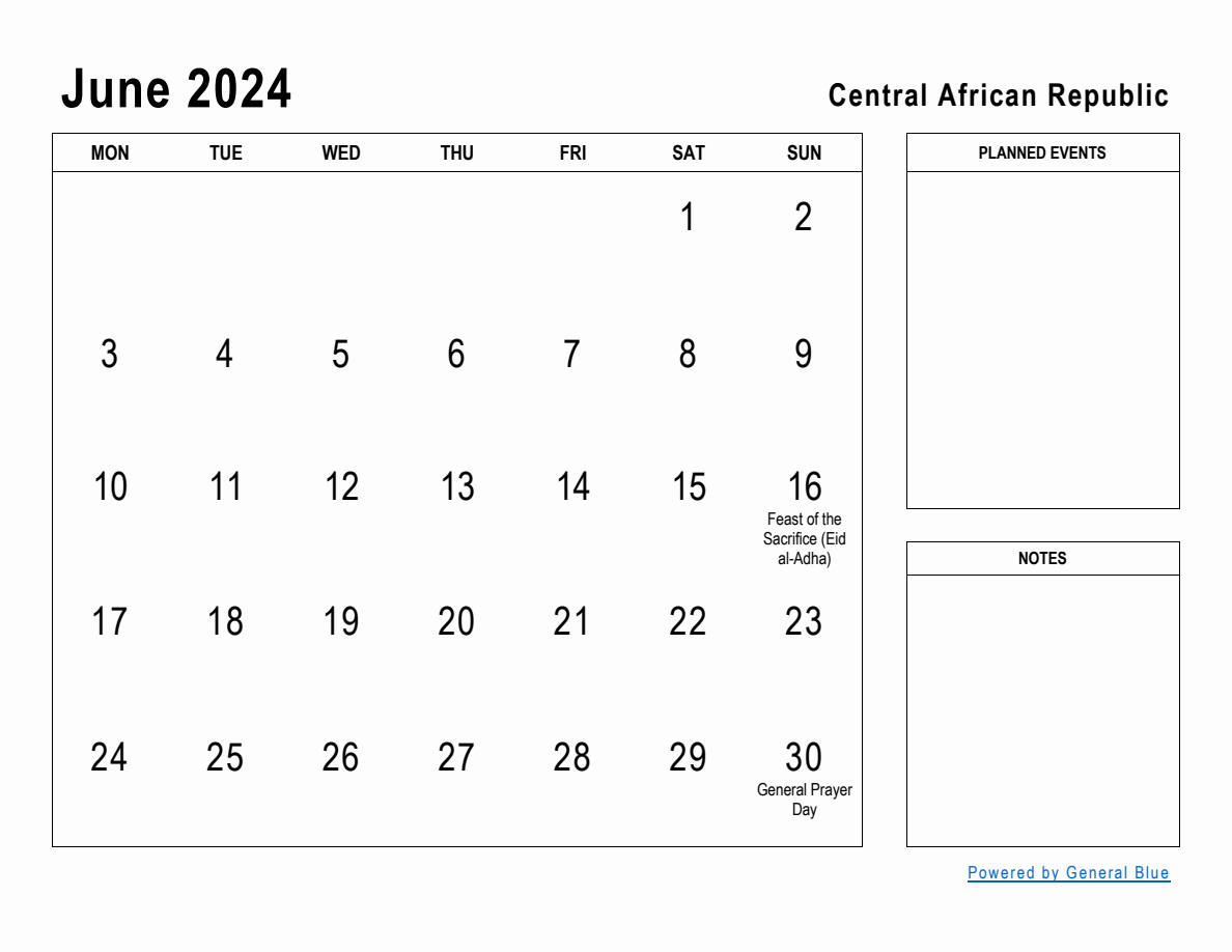 June 2024 Planner with Central African Republic Holidays