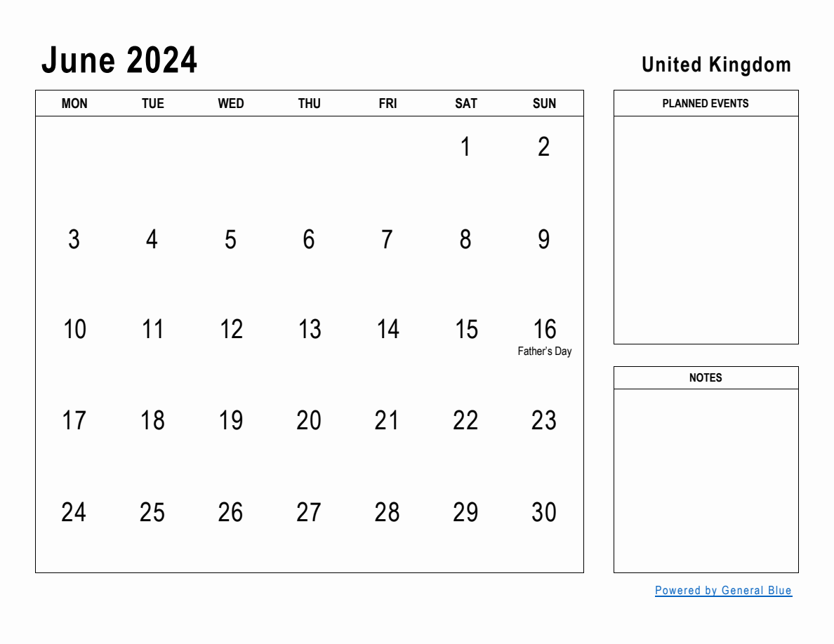 June 2024 Planner with United Kingdom Holidays