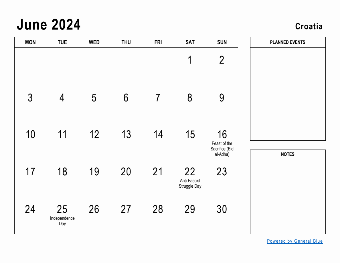 June 2024 Planner with Croatia Holidays