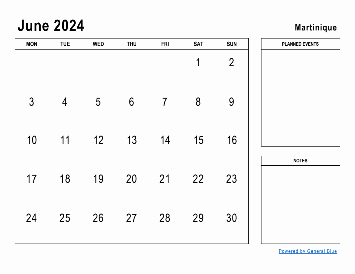 June 2024 Planner with Martinique Holidays