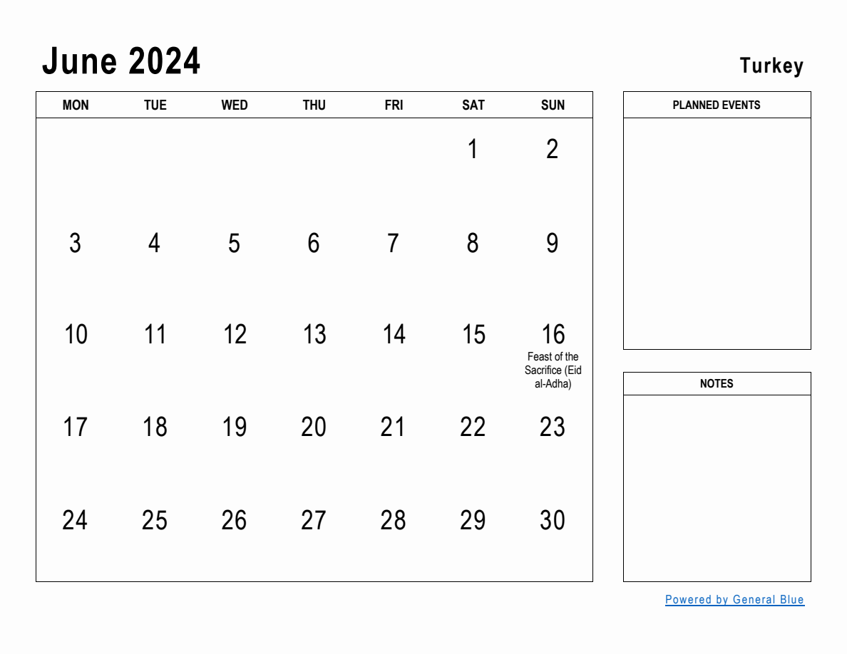 June 2024 Planner with Turkey Holidays