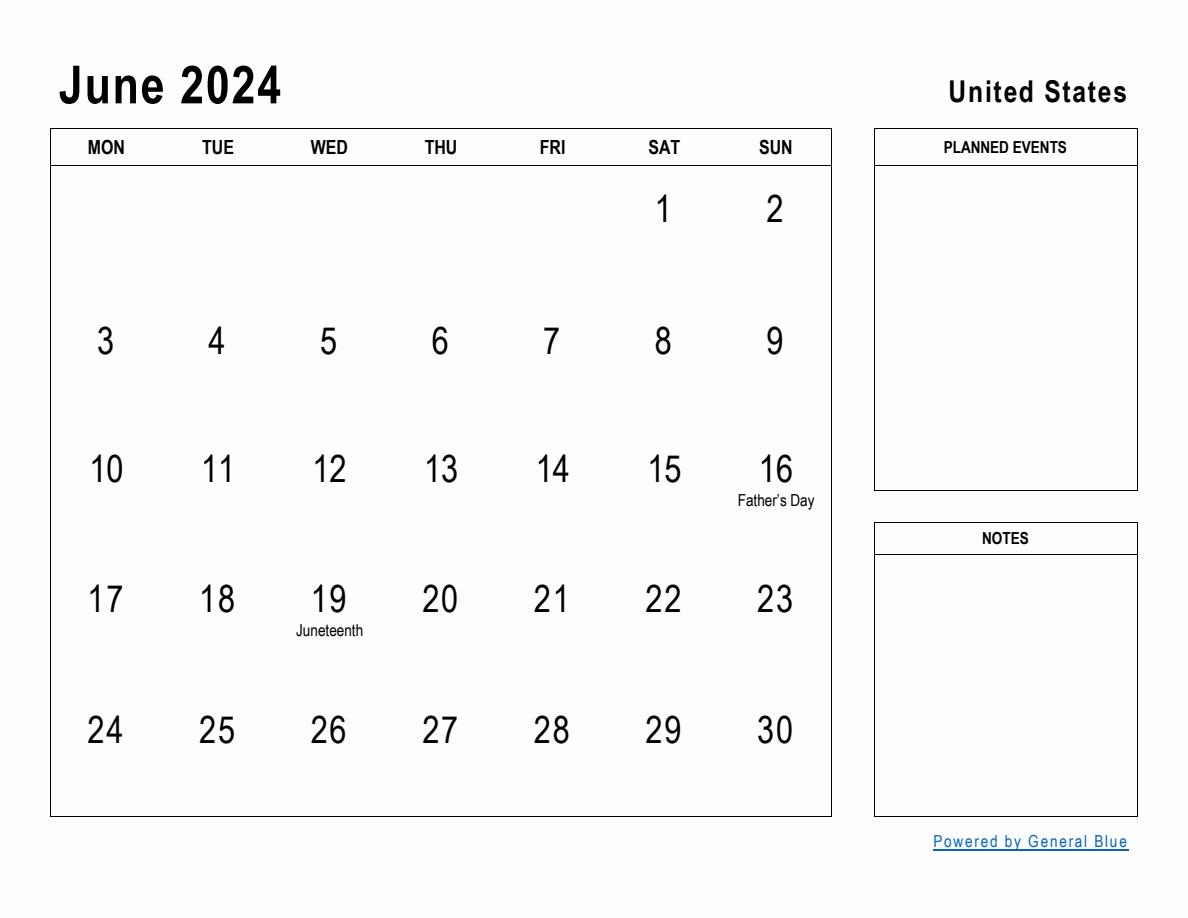 June 2024 Planner with United States Holidays