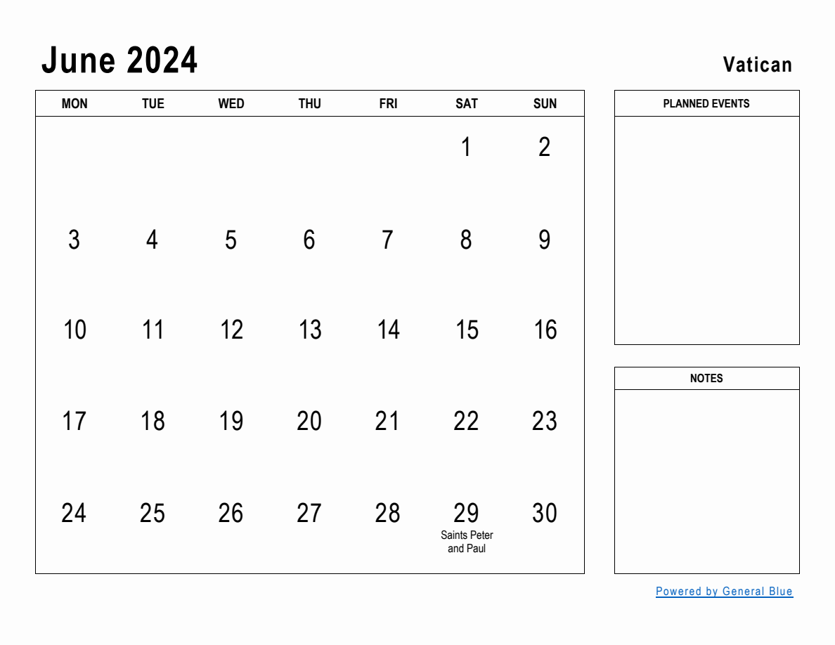 June 2024 Planner with Vatican Holidays