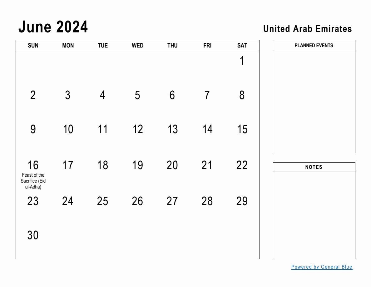 June 2024 Planner with United Arab Emirates Holidays