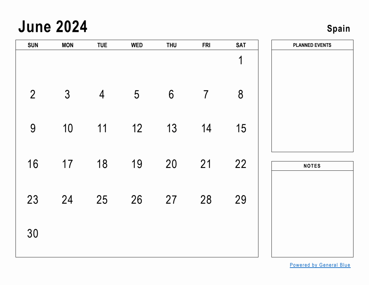 June 2024 Planner with Spain Holidays