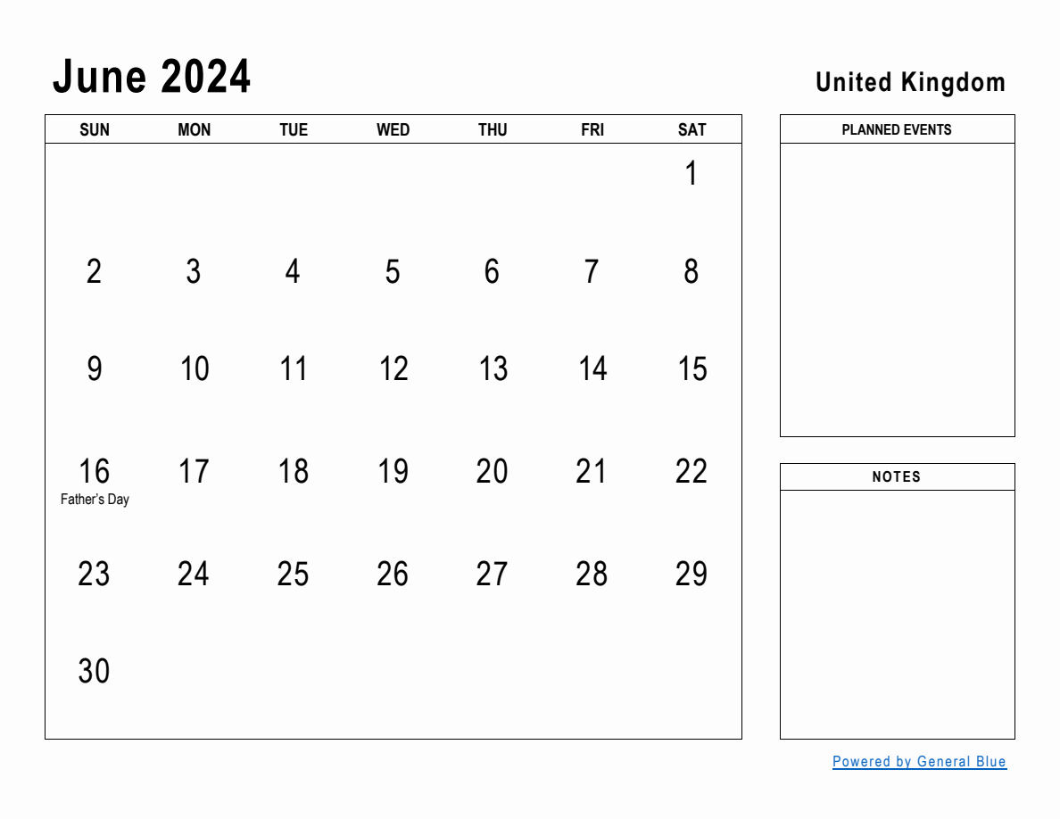 June 2024 Planner with United Kingdom Holidays