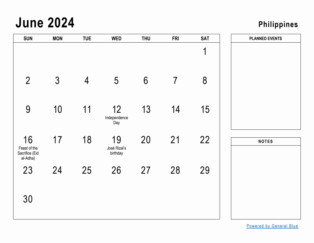 June 2024 Planner with Philippines Holidays