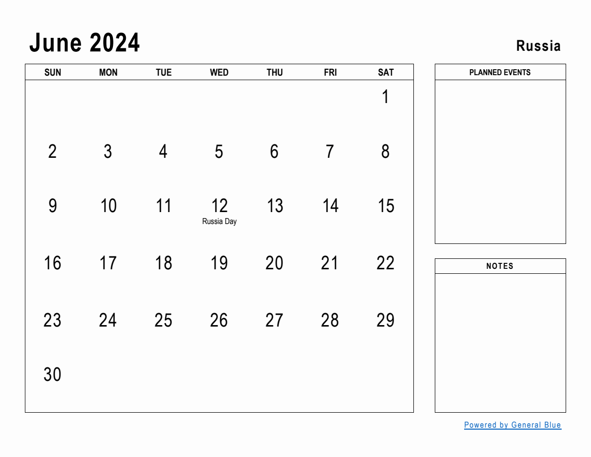 June 2024 Planner with Russia Holidays