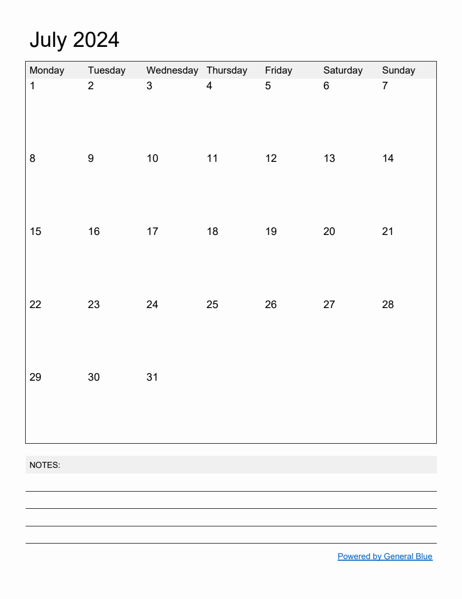 Free Printable Monthly Calendar for July 2024