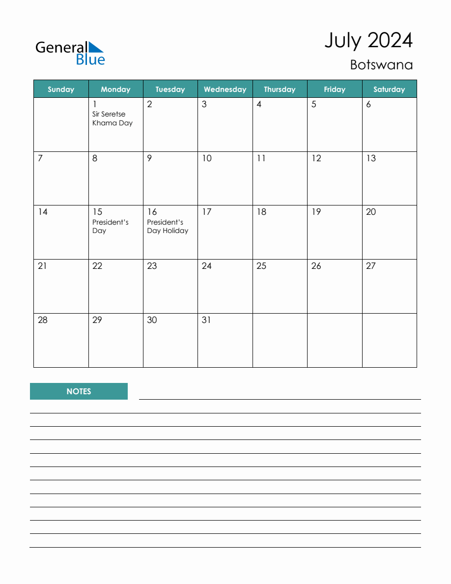 Monthly Planner with Botswana Holidays July 2024