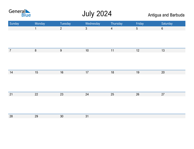 July 2024 Calendar with Antigua and Barbuda Holidays