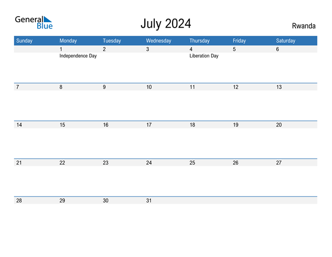 July 2024 Calendar with Rwanda Holidays