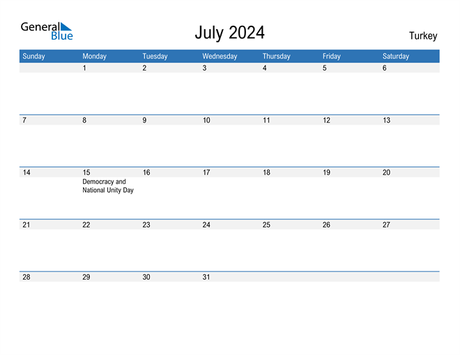 July 2024 Calendar with Turkey Holidays