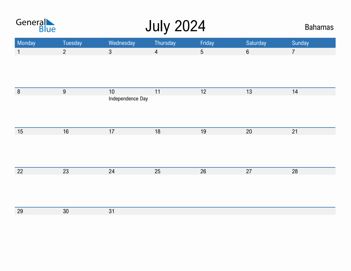 Editable July 2024 Calendar with Bahamas Holidays