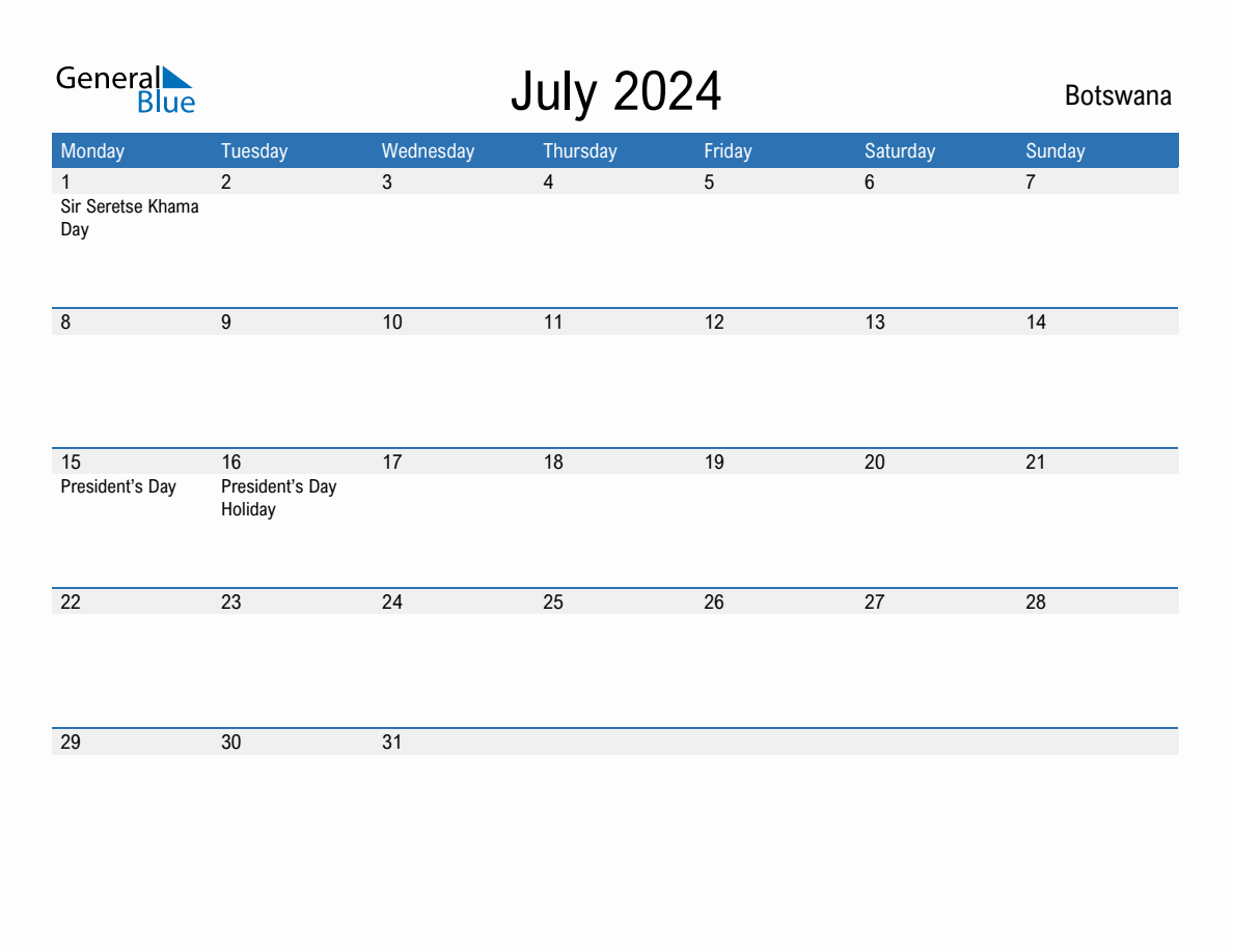 Editable July 2024 Calendar with Botswana Holidays