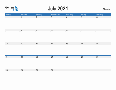 Current month calendar with Albania holidays for July 2024