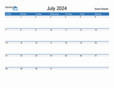 Current month calendar with Aland Islands holidays for July 2024