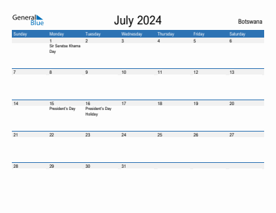 Current month calendar with Botswana holidays for July 2024