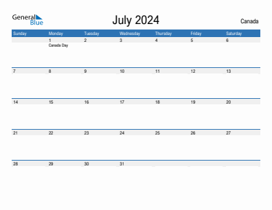 Current month calendar with Canada holidays for July 2024