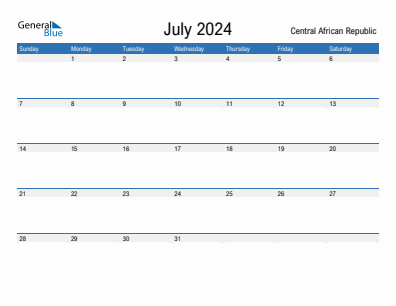 Current month calendar with Central African Republic holidays for July 2024
