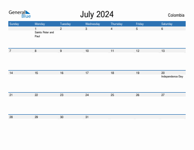 Current month calendar with Colombia holidays for July 2024