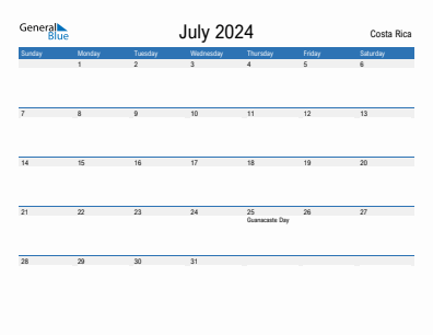 Current month calendar with Costa Rica holidays for July 2024