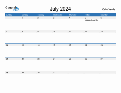 Current month calendar with Cabo Verde holidays for July 2024