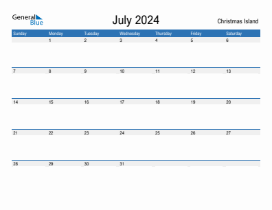 Current month calendar with Christmas Island holidays for July 2024
