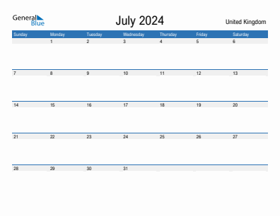 Current month calendar with United Kingdom holidays for July 2024