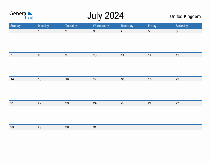 Editable July 2024 Calendar with United Kingdom Holidays