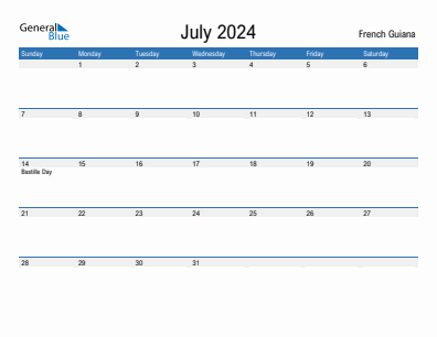 Current month calendar with French Guiana holidays for July 2024