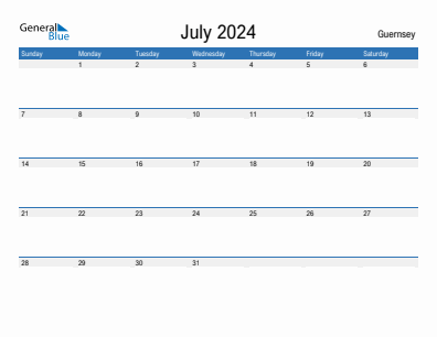 Current month calendar with Guernsey holidays for July 2024