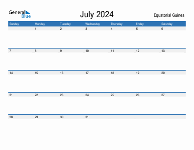 Current month calendar with Equatorial Guinea holidays for July 2024