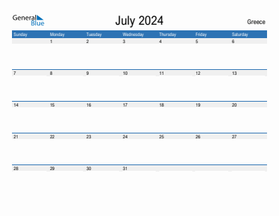 Current month calendar with Greece holidays for July 2024