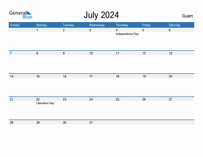 Current month calendar with Guam holidays for July 2024