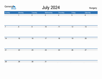 Current month calendar with Hungary holidays for July 2024