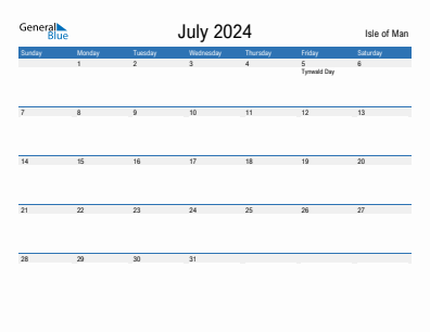 Current month calendar with Isle of Man holidays for July 2024