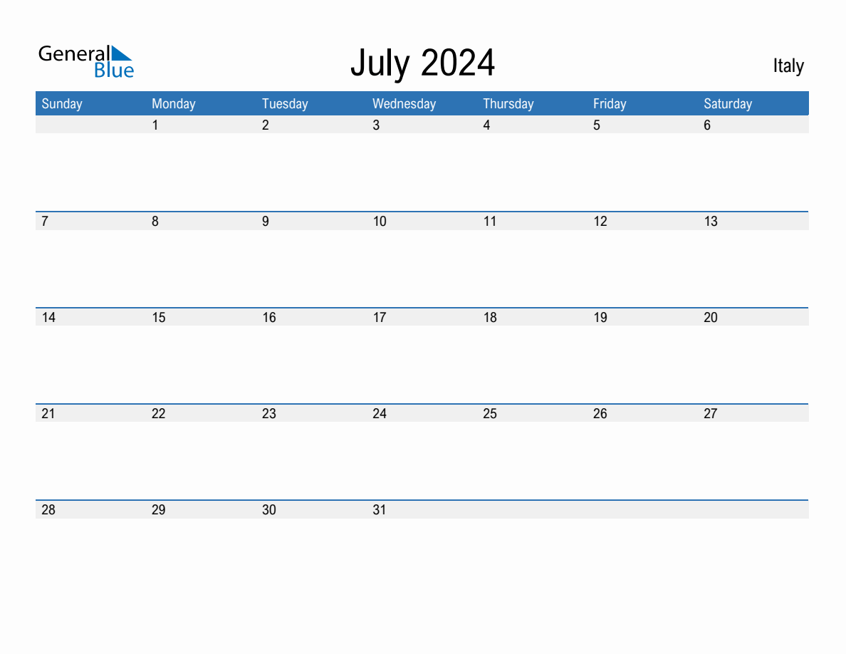 Editable July 2024 Calendar with Italy Holidays