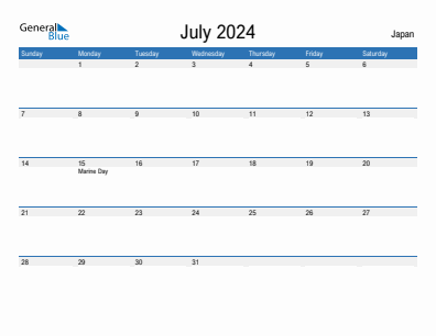 Current month calendar with Japan holidays for July 2024
