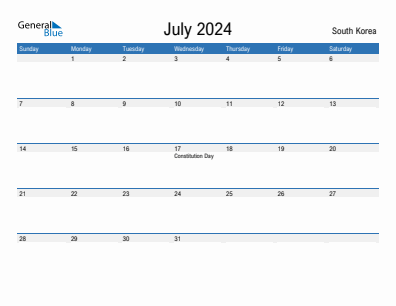 Current month calendar with South Korea holidays for July 2024