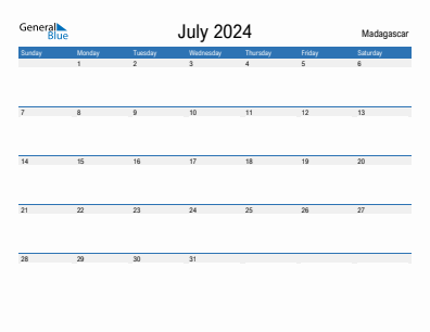 Current month calendar with Madagascar holidays for July 2024
