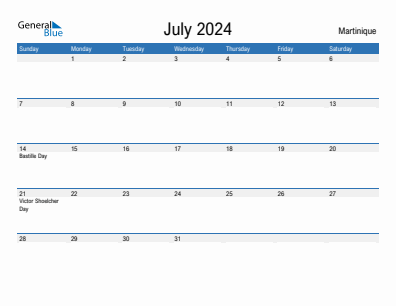 Current month calendar with Martinique holidays for July 2024