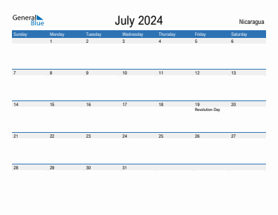 Current month calendar with Nicaragua holidays for July 2024