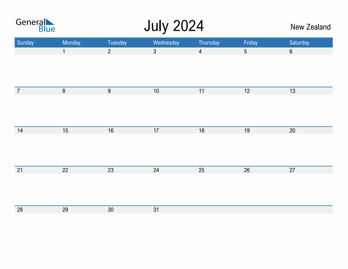 July 2024 Monthly Calendar with New Zealand Holidays