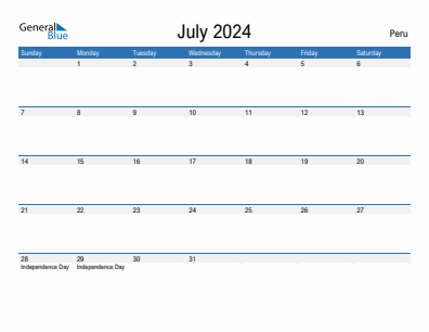 Current month calendar with Peru holidays for July 2024