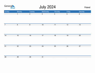 Current month calendar with Poland holidays for July 2024