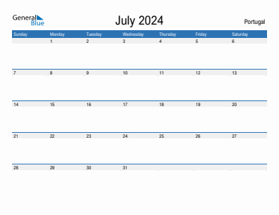 Current month calendar with Portugal holidays for July 2024