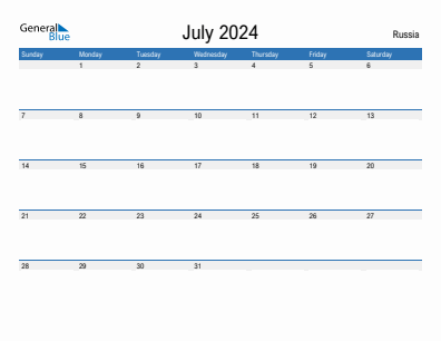 Current month calendar with Russia holidays for July 2024