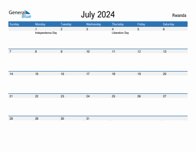 Current month calendar with Rwanda holidays for July 2024